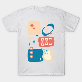 Atomic Age, Mid Century Abstract 19 in Blue, Peach, Coral T-Shirt